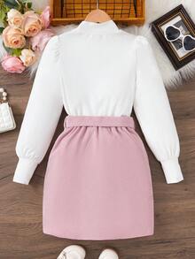 SHEIN Tween Girl Heart Pattern Puff Sleeve Top & Belted Skirt - Pink - View 2