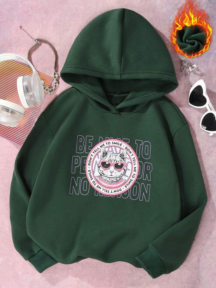 Tween Girl Letter u0026 Cartoon Graphic Thermal Lined Hoodie | SHEIN UK