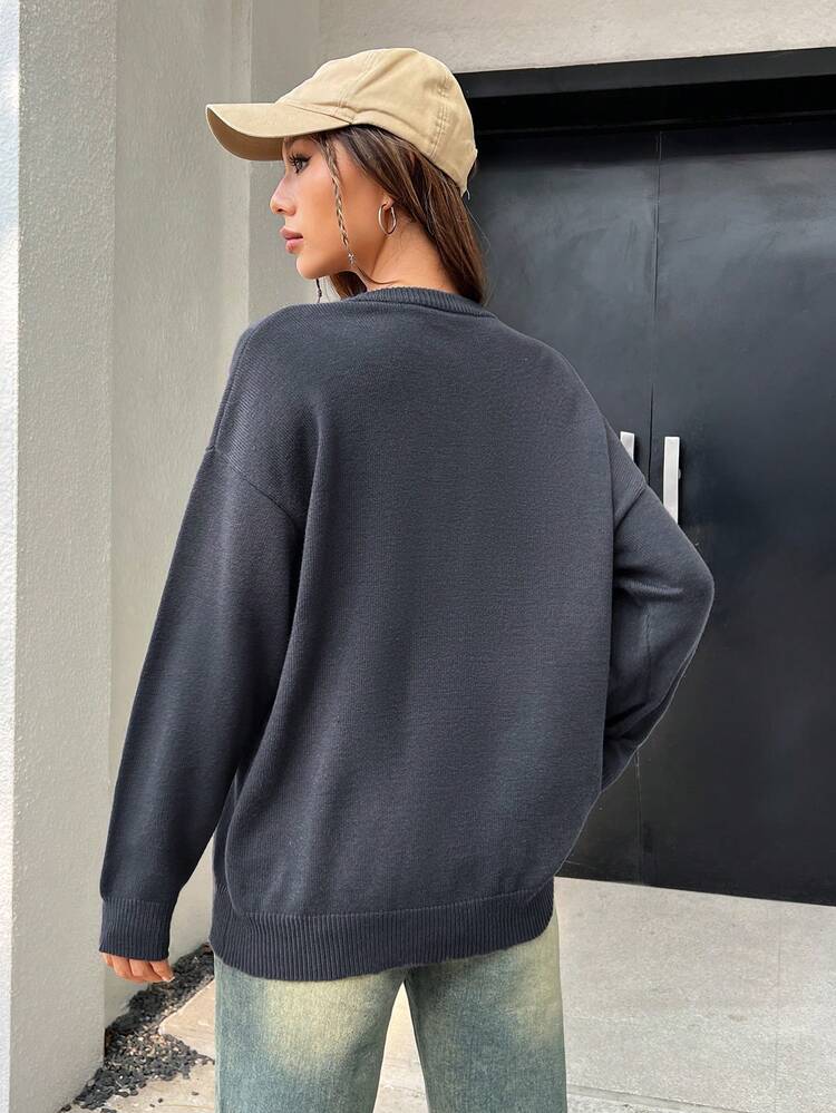 Figure & Letter Pattern Drop Shoulder Sweater