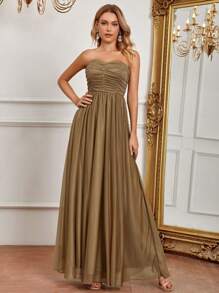 SHEIN Belle Ruched Mesh Tube Bridesmaid Dress - Mocha Brown - View 1