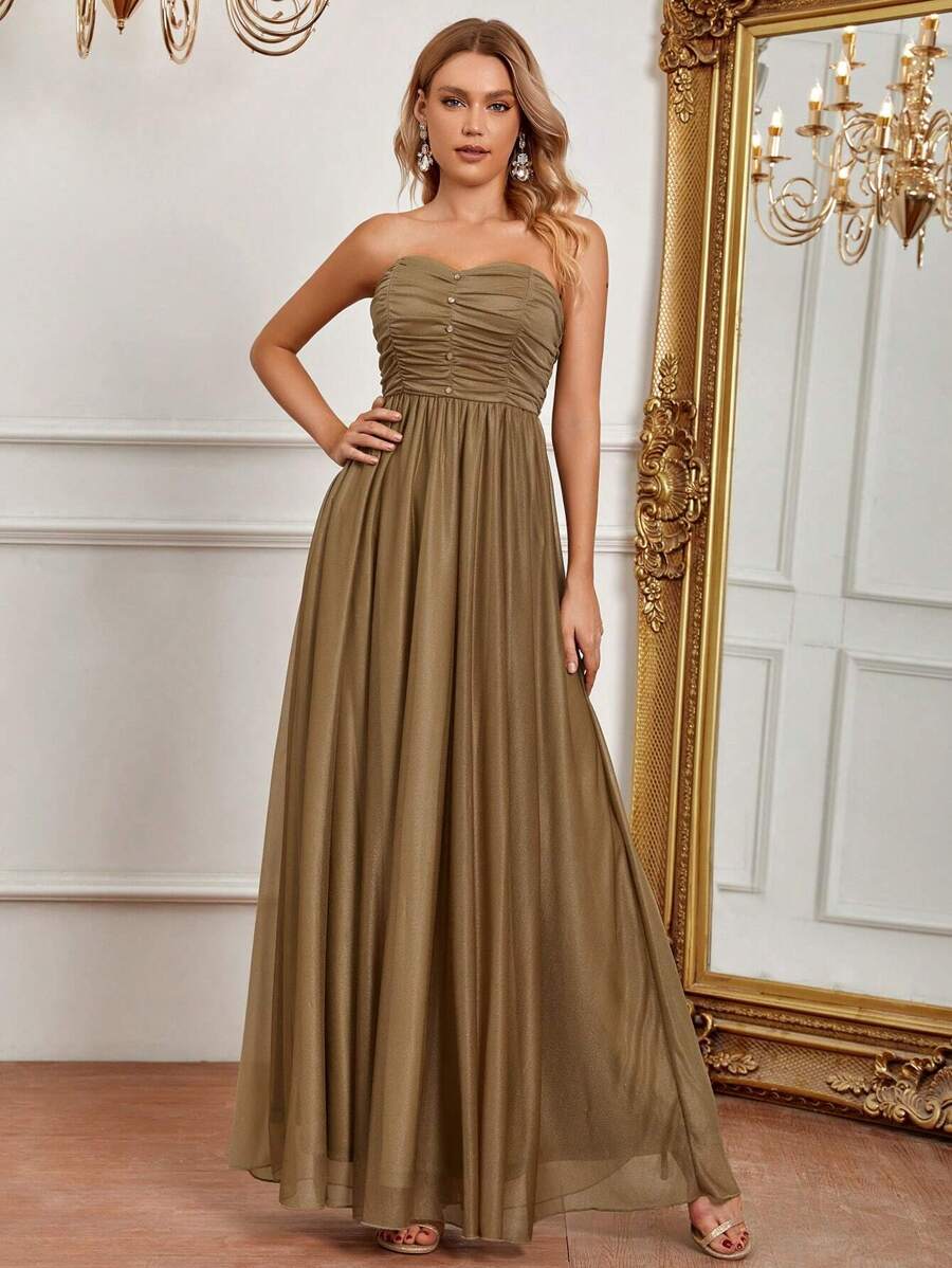 SHEIN Belle Ruched Mesh Tube Bridesmaid Dress - Mocha Brown - View 1