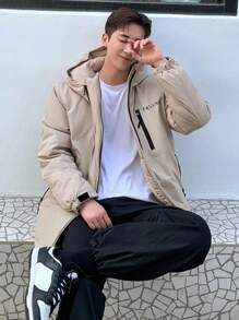 DAZY Men Letter Graphic Zip Up Hooded Padded Coat,Fall Clothes Jacket - Khaki - View 4