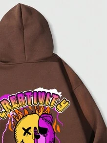 ROMWE MEN Street Life Các bạn Cartoon & Đồ họa chữ cái Dây rút Lót nhiệt Hoodie - màu nâu - Xem 5