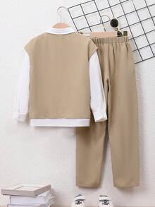 SHEIN Cậu bé Tween Chất rắn Áo khoác vest & Quần & Áo sơ mi - Màu Khaki - Xem 2