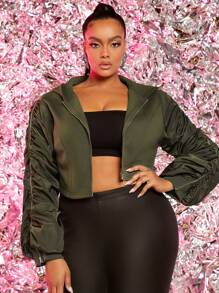 SHEIN SXY Plus Size Ruched Sleeve Zip Up Crop Sweatshirt - Army Green - View 4