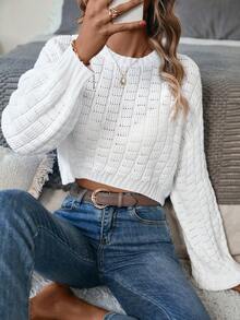 SHEIN Essnce Chất rắn Dệt kim chấm bi Thả vai Áo len - trắng - Xem 3