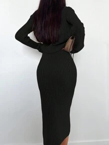EURMUSE Turtleneck Ribbed Knit Sweater & Knit Skirt - Black - View 6