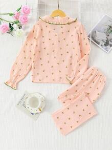 女大童碎花拼接滾邊荷葉袖睡衣套裝 - 粉色 - 查看 2