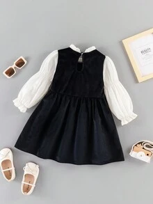 SHEIN 女小童前蝴蝶結荷葉袖褶邊領洋裝 - 黑色 - 查看 2