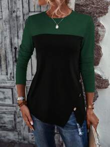 SHEIN LUNE 双色纽扣细节不对称下摆 T 恤图案 T 恤女式上衣 - 墨綠色 - 查看 4