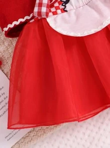 SHEIN 女嬰格紋印花連帽斗篷外套&網紗覆蓋洋裝 - 紅色 - 查看 5