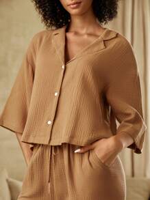 Ocili Leisure Drop Shoulder Button Front Lounge Top - Brown - View 4