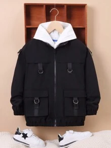 SHEIN Tween Boy Flap Pocket Zip Up Buckle Detail Padded Coat