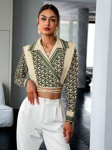 Sollinarry 字母圖案十字交叉後綁帶短款襯衫 - 卡其色 - 查看 1