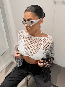 SHEIN ICON 鏤空短款毛衣不附胸罩 - 灰色 - 查看 6