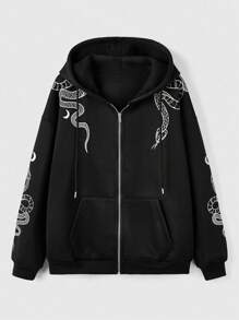 ROMWE Goth Áo hoodie giữ nhiệt có dây rút họa tiết rắn, trường học - màu đen - Xem 1