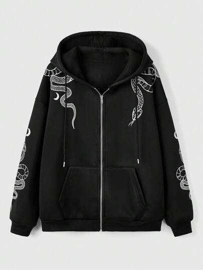 Goth Snake Graphic Zip Up Drawstring Thermal Hoodie, School Graduation,Back To School Outfits,Graduation,Teacher Outfits For Women,Back To School