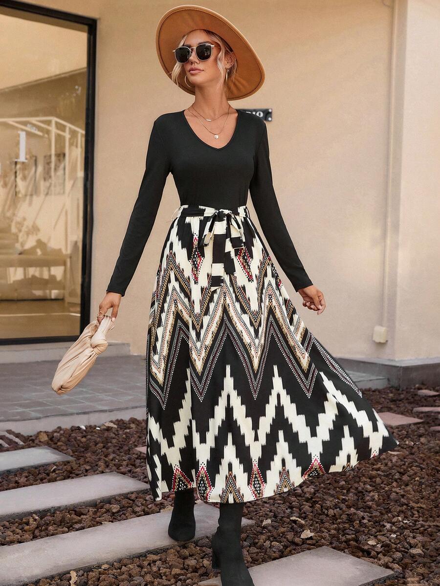 SHEIN LUNE In Chevron Thắt lưng Váy chữ A - màu đen - Xem 1