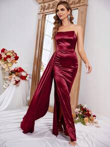 LOVE&LEMONADE Split Thigh Satin Formal Dress - Burgundy - View 3
