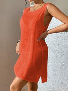 SHEIN Unity 纯色开叉下摆露背罩衫连衣裙（不含比基尼）夏季