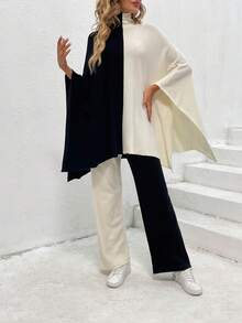 Two Tone Batwing Sleeve Sweater & Knit Pants - Black and White - View 6