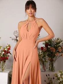 SHEIN Belle Cut Out Front Split Thigh Halter Neck Backless Bridesmaid Dress Elegant Wedding Bridal Dress