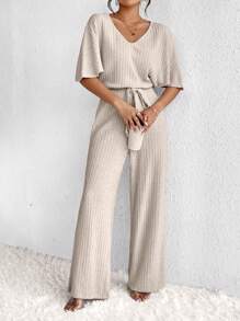 SHEIN Frenchy 女士蝙蝠袖腰帶寬腿連身褲 - 杏色 - 查看 5