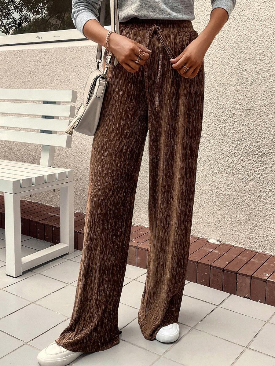 SHEIN LUNE Dây thắt lưng Quần ống rộng - Cà phê nâu - Xem 1