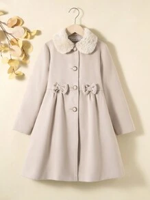 SHEIN Cô gái Tween Cổ áo Borg Nơ mặt trước Áo khoác - Màu be - Xem 1