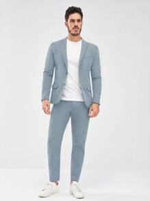 GENTILAND Men Lapel Neck Flap Detail Blazer & Pants Set Without Tee - Baby Blue - View 1