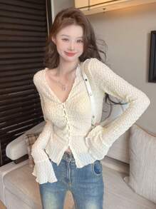 DAZY Solid Button Front Lettuce Trim Top,Ruffle Long Sleeve Women Tops