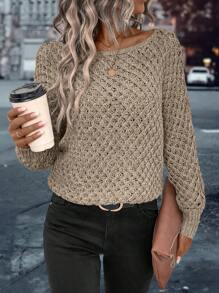 EMERY ROSE Solid Batwing Sleeve Sweater,Long Sleeve Tops Knit Pullover Fall Winter Outfit - Khaki - View 5