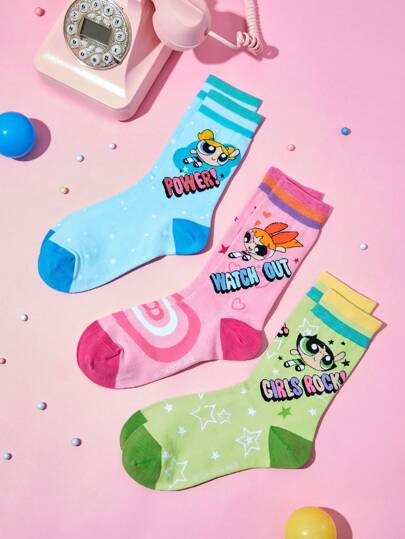THE POWERPUFF GIRLS X SHEIN 3 pièces/Paquet Chaussettes mi-mollet pour femmes avec motifs cœur, rayure et étoile