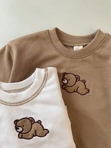 男嬰 1 入組刺繡卡通圖案運動衫和 1 入組運動褲（不含帽子和襯衫） - 白色 - 查看 5