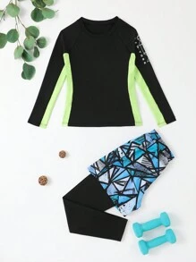 SHEIN Tween Boy Geo & Letter Graphic Raglan Sleeve Active Top & Pants - Multicolor - View 1