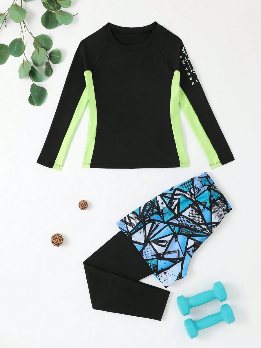 SHEIN Tween Boy Geo & Letter Graphic Raglan Sleeve Active Top & Pants - Multicolor - View 1