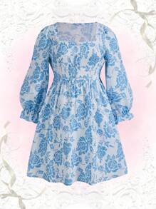 Flirla Talla grande Vestido con estampado floral de cuello cuadrado de manga con volante - Azul y blanco - Ver 1