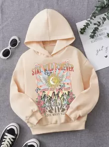 少女花卉标语图案保暖内衬卫衣 - 米色 - 查看 1