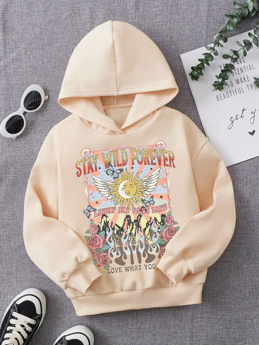 少女花卉标语图案保暖内衬卫衣 - 米色 - 查看 1