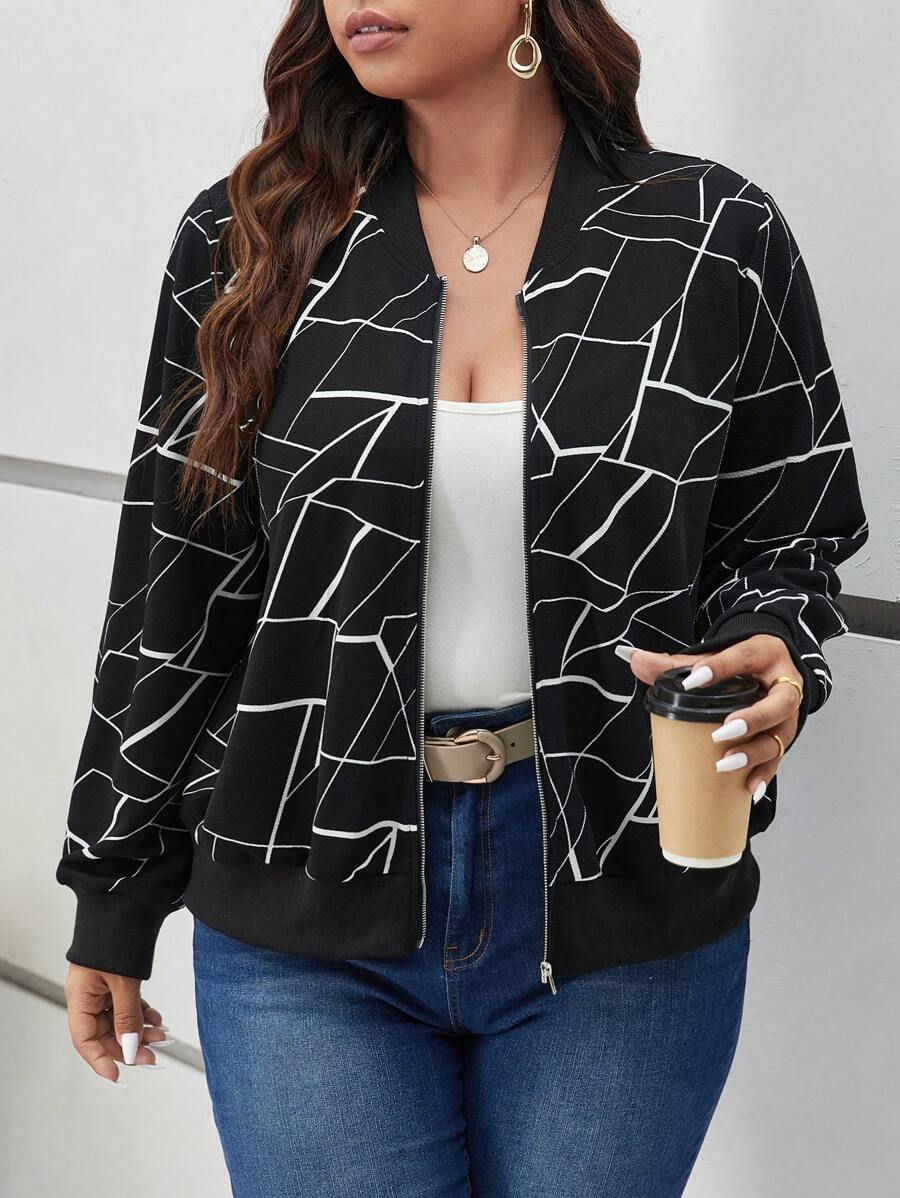 SHEIN Frenchy 大碼幾何印花拉鏈開襟飛行員夾克 - 黑色 - 查看 1