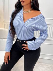 SHEIN SXY 條紋印花前紐扣襯衫 - 藍白色 - 查看 5