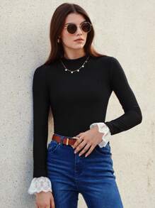 SHEIN Frenchy Mock Neck Contrast Lace Flare Sleeve Tee Casual Black - Black - View 9
