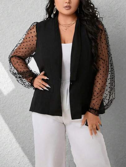 SHEIN Unity Plus Size Women's Elegant Sheer Polka Dot Mesh Lightweight Blazer Jacket, Suitable For Work And Commute, Spring/Autumn