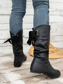 WRCVS 2025 年秋冬女式圆头褶皱套穿 PU 皮革装饰系带时尚及膝高筒靴，圆头内增高，轻便便捷的马靴，配有腰带扣装饰 - 黑色 - 查看 3