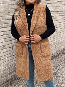 SHEIN CURVE+ Plus Áo khoác Teddy có mũ trùm đầu túi đôi, đi chơi, cho mùa đông - màu nâu - Xem 4