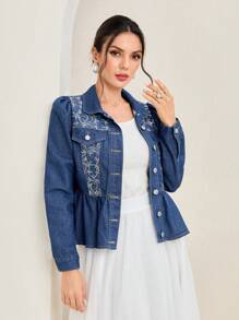 Mulvari Embroidery Detail Belted Denim Blouse - Medium Wash - View 3