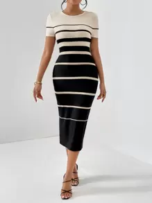 Firerie In sọc Váy bodycon - Màu be - Xem 4