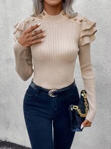 Ellegaria. Mock Neck Button Detail Ruffle Trim Ribbed Knit Sweater,Long Sleeve Tops Knit Pullover Fall Winter Outfit - Apricot - View 3