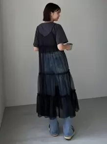 FRIFUL 1 pieza Vestido camisero de gasa con volantes multicapa y superposición de malla transparente