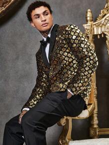 GENTILAND Men 1pc Gold Argyle Sequin Blazer - Multicolor - View 3
